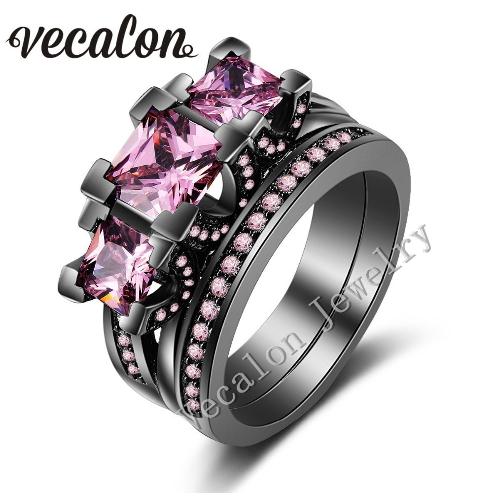 Pink And Black Wedding Ring Sets
 Vecalon Black Gold Filled Women Engagement Wedding Band