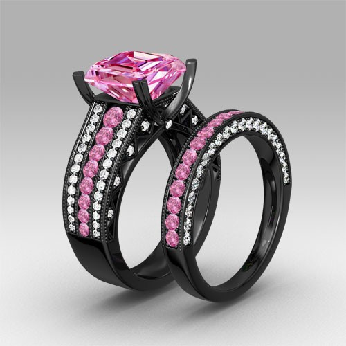 Pink And Black Wedding Rings
 Pink and White Cubic Zirconia Asscher Cut Engagement Ring