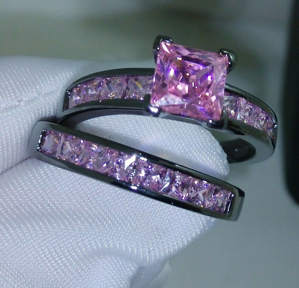 Pink And Black Wedding Rings
 Noble Pricess Cut Pink Sapphire 10KT Black Gold Filled