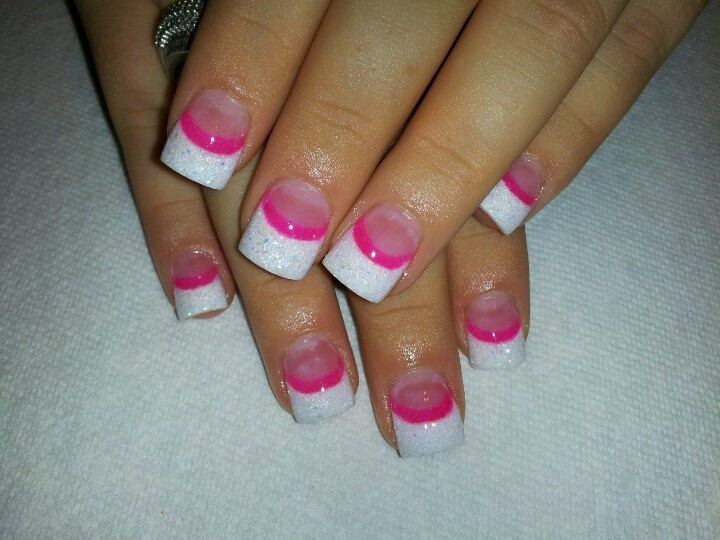 Pink And White Glitter Acrylic Nails
 White glitter Hot pink Acrylic Nails