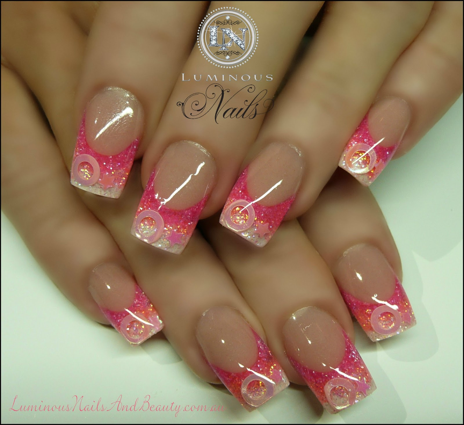 Pink And White Glitter Acrylic Nails
 Luminous Nails March 2013