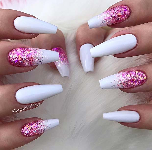 Pink And White Glitter Acrylic Nails
 23 Creative Ways to Wear Pink and White Nails