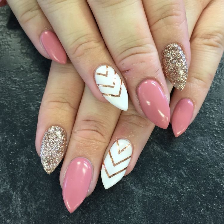 Pink And White Glitter Acrylic Nails
 Stiletto nails pink gold and white