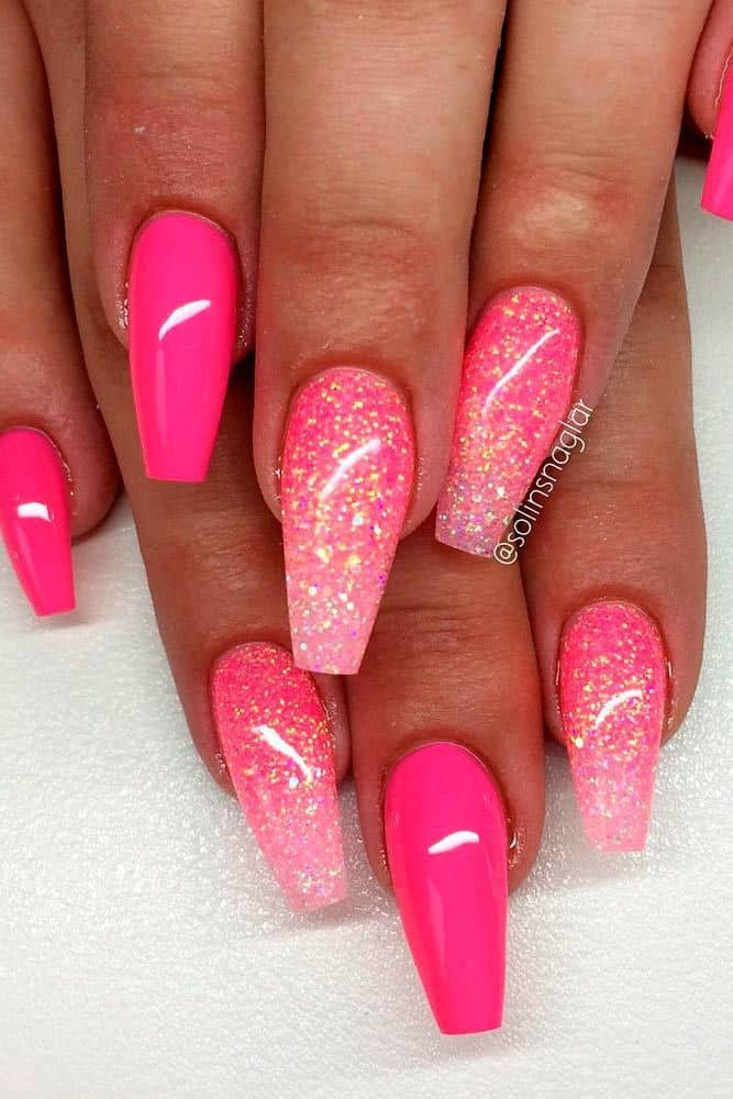 Pink Coffin Nails With Glitter
 Pink coffin nails with glitter New Expression Nails
