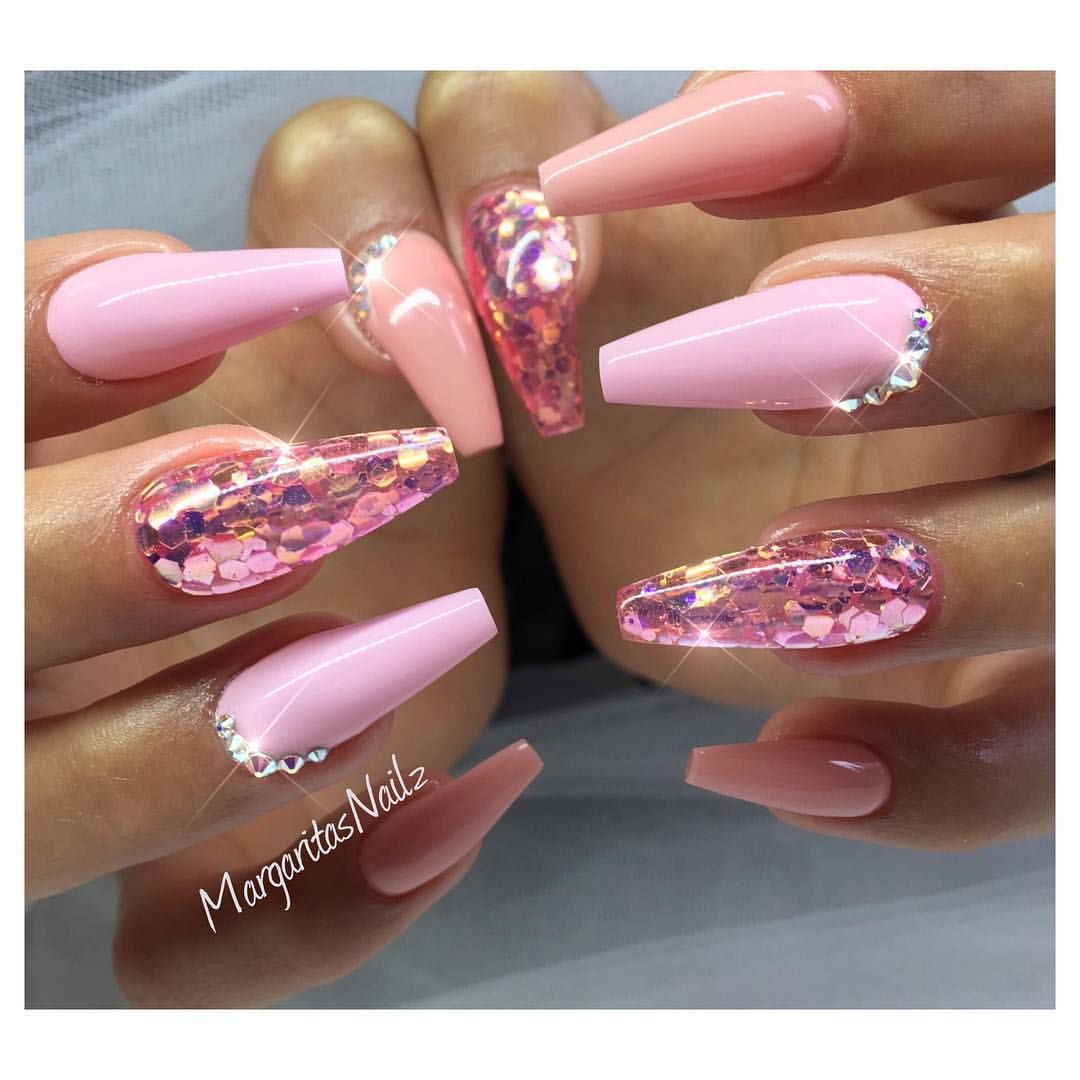 Pink Coffin Nails With Glitter
 Pink and glitter coffin nails by MargaritasNailz nail art