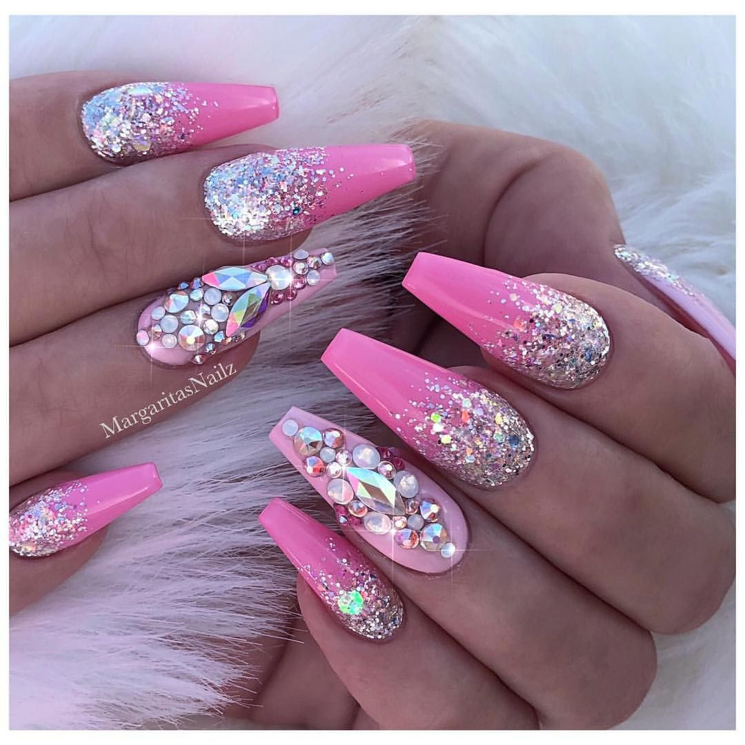 Pink Coffin Nails With Glitter
 Pink coffin nails Silver glitter ombré Bling nail art