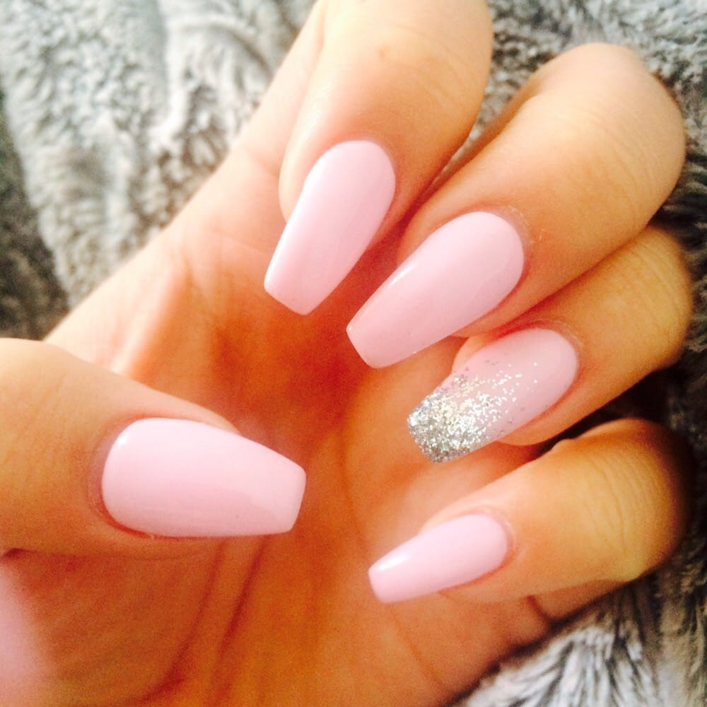 Pink Coffin Nails With Glitter
 Coffin nails Pink w ombre glitter Yelp