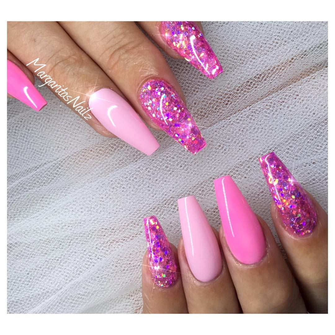 Pink Coffin Nails With Glitter
 Pink glitter coffin nails MargaritasNailz