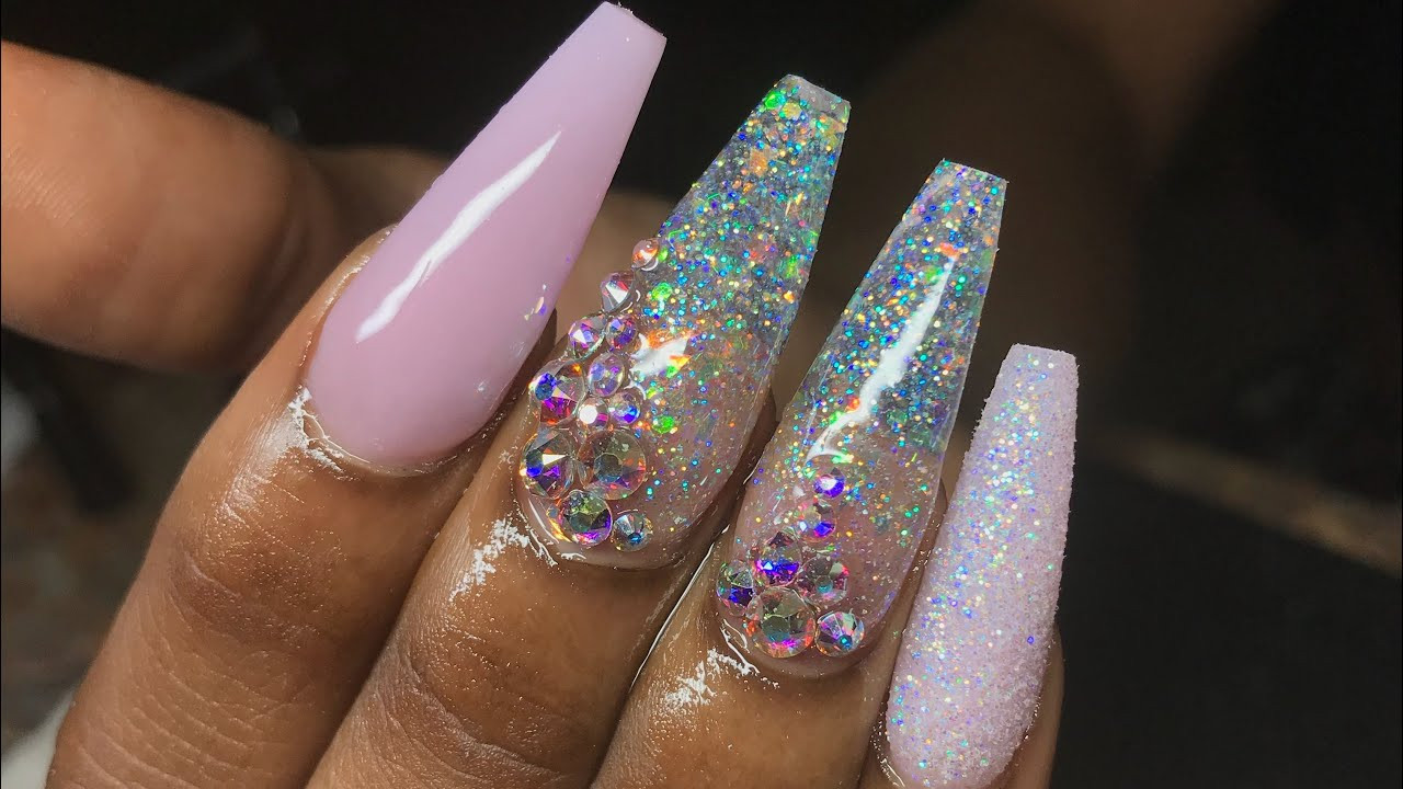 Pink Coffin Nails With Glitter
 Pink coffin glitter nails