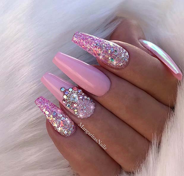 Pink Coffin Nails With Glitter
 41 Tasteful Ways to Wear Long Coffin Nails