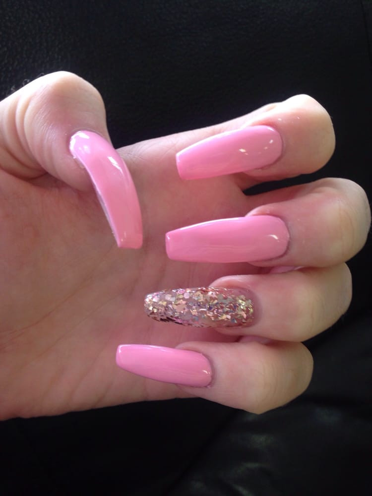 Pink Coffin Nails With Glitter
 Jane s work on my baby pink coffin nails with gold glitter