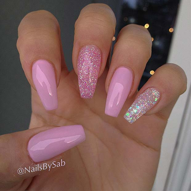Pink Coffin Nails With Glitter
 21 Ridiculously Pretty Ways to Wear Pink Nails