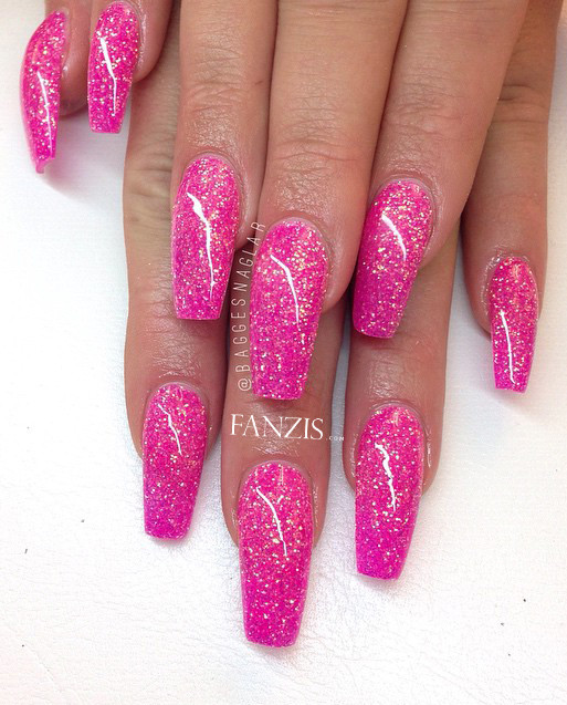 Pink Coffin Nails With Glitter
 neon pink glitter nails killa nails in 2019