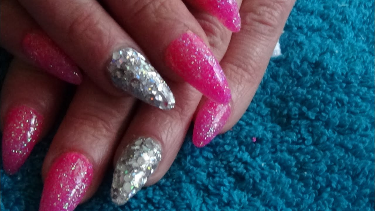 Pink Glitter Acrylic Nails
 neon hot pink & silver glitter acrylic nails