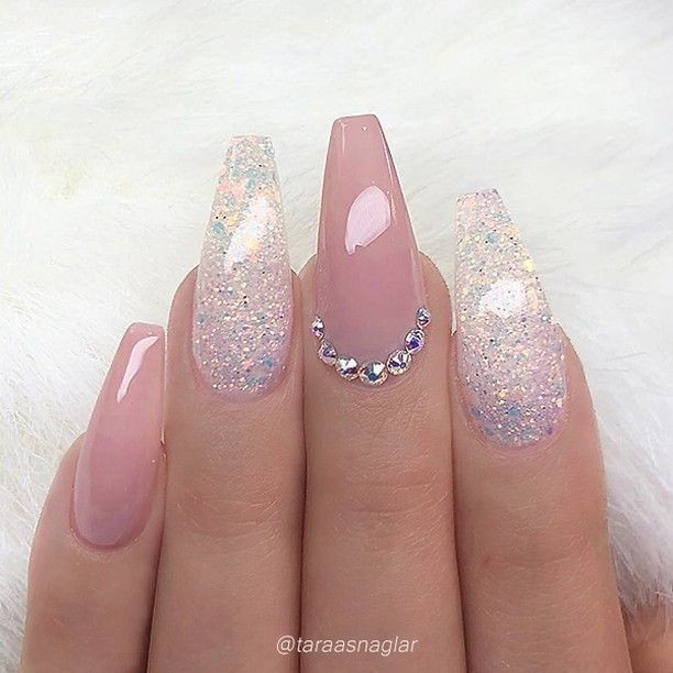 Pink Glitter Coffin Nails
 Clear pink glitter nails nails in 2019