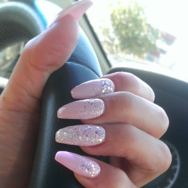 Pink Glitter Coffin Nails
 Coffin shape Pink nails with glitter cascade and glitter