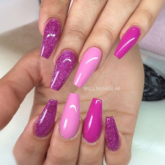 Pink Glitter Coffin Nails
 Pink Fuchsia Purple Glitter Long coffin nails nail