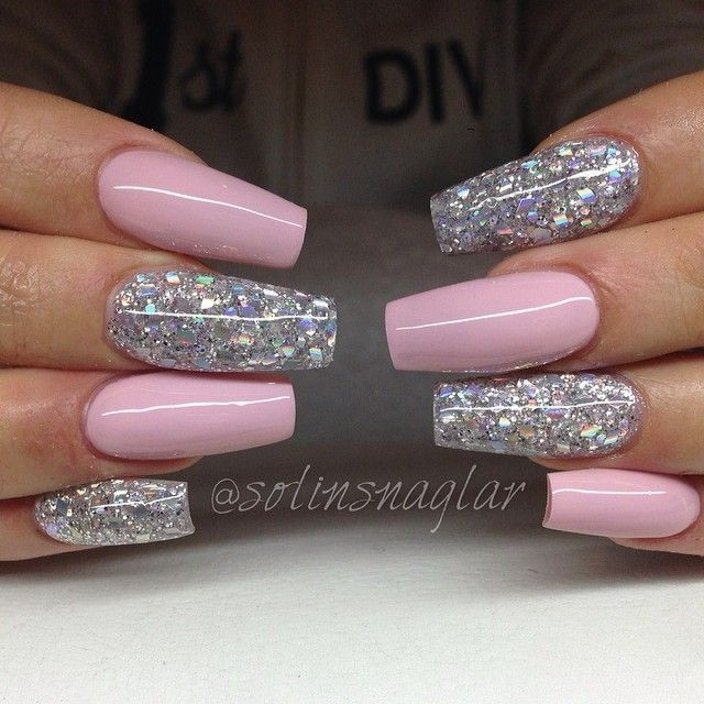 Pink Glitter Coffin Nails
 Baby Pink with holographic glitter coffin nails Now I