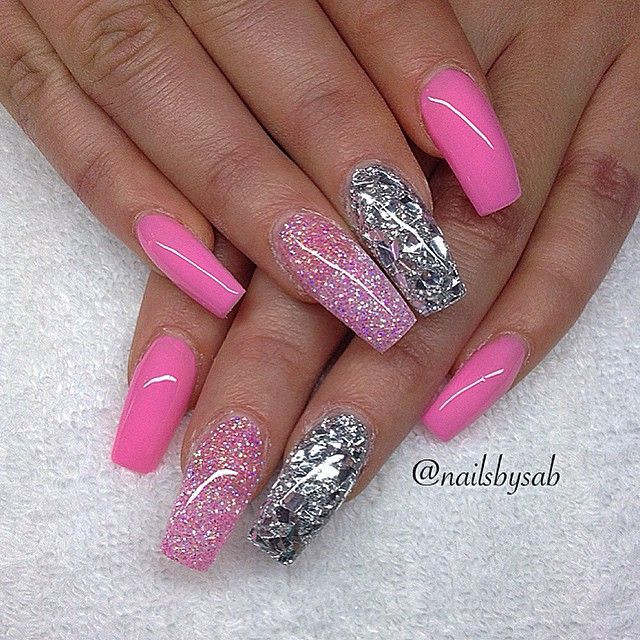 Pink Glitter Coffin Nails
 Pink and glitter coffin nails nails