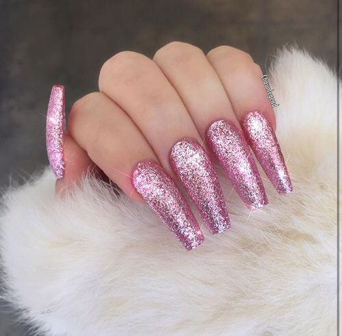 Pink Glitter Nails Acrylic
 Long pink glitter stiletto nails