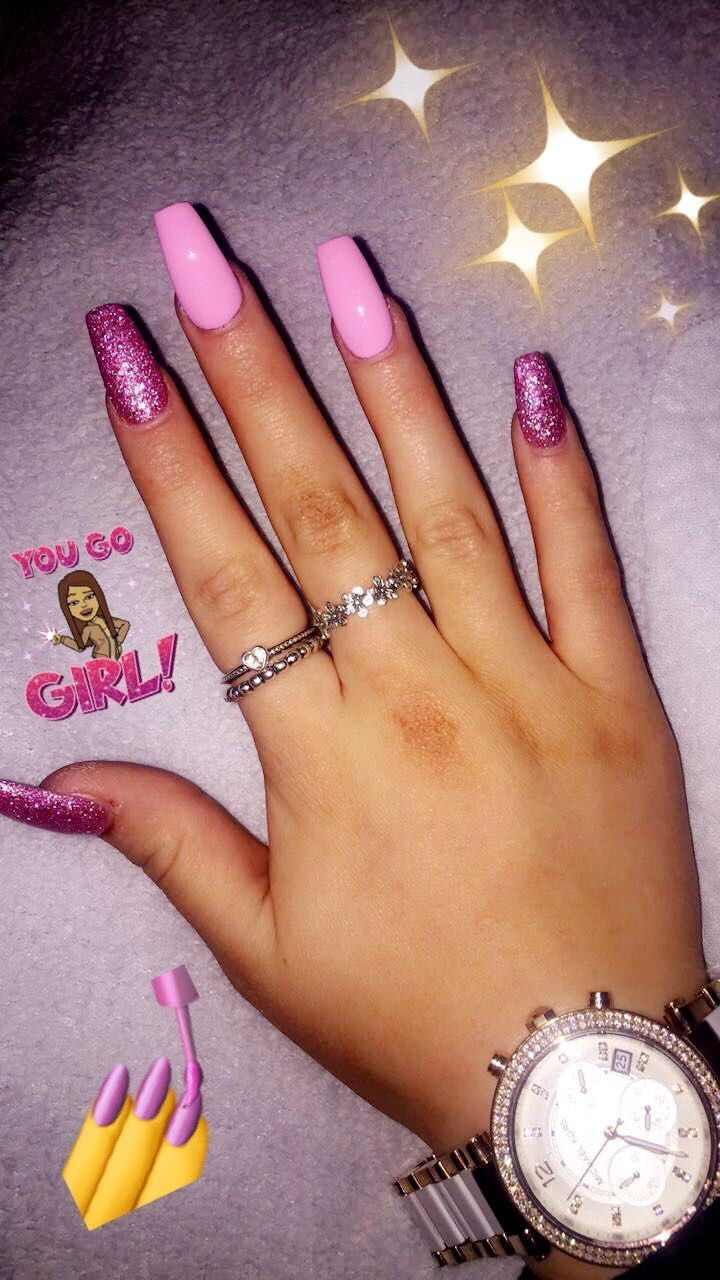 Pink Glitter Nails Acrylic
 Acrylic nails pink coffin glitter baby pink girly