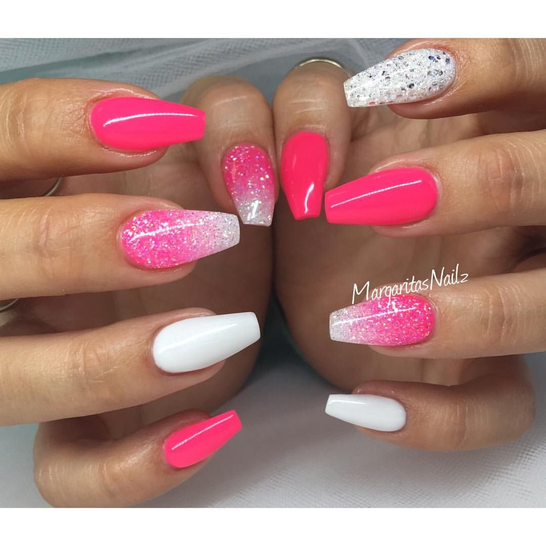 Pink Glitter Nails
 Neon pink and white coffin nails glitter ombré spring
