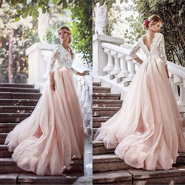 Pink Lace Wedding Dress
 Pink Wedding Dress Tulle Wedding Dress Long Sleeves