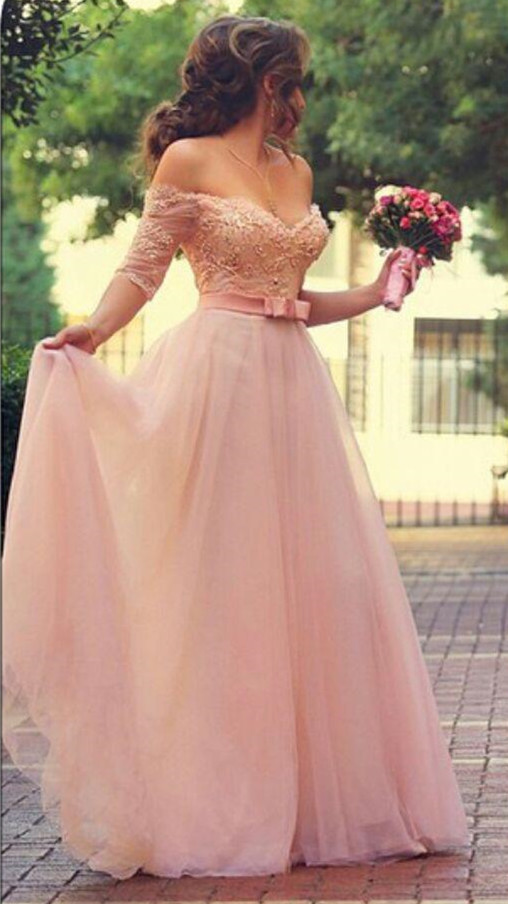 Pink Lace Wedding Dress
 A Line Cute Pink Half Sleeve Evening Dress f Shoulder