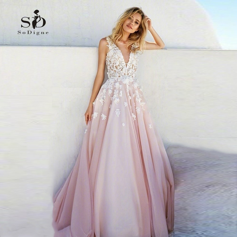 Pink Lace Wedding Dress
 Pink Wedding Dress 2018 SoDigne Lace Appliques Romantic