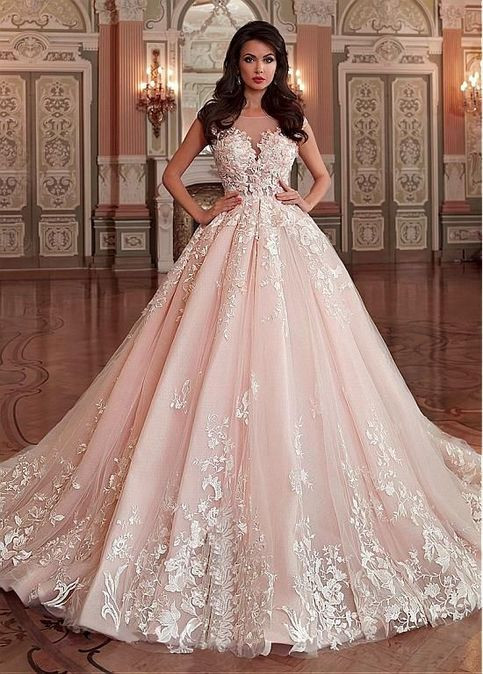 Pink Lace Wedding Dress
 Stunning Light Pink Wedding Dress Appliques Lace