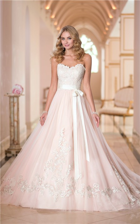 Pink Lace Wedding Dress
 Ball Gown Sweetheart Blush Pink Satin Ivory Lace Wedding