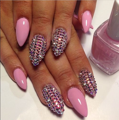 Pink Nail Designs With Rhinestones
 Pink Stiletto Nails with Rhinestone Nail Art