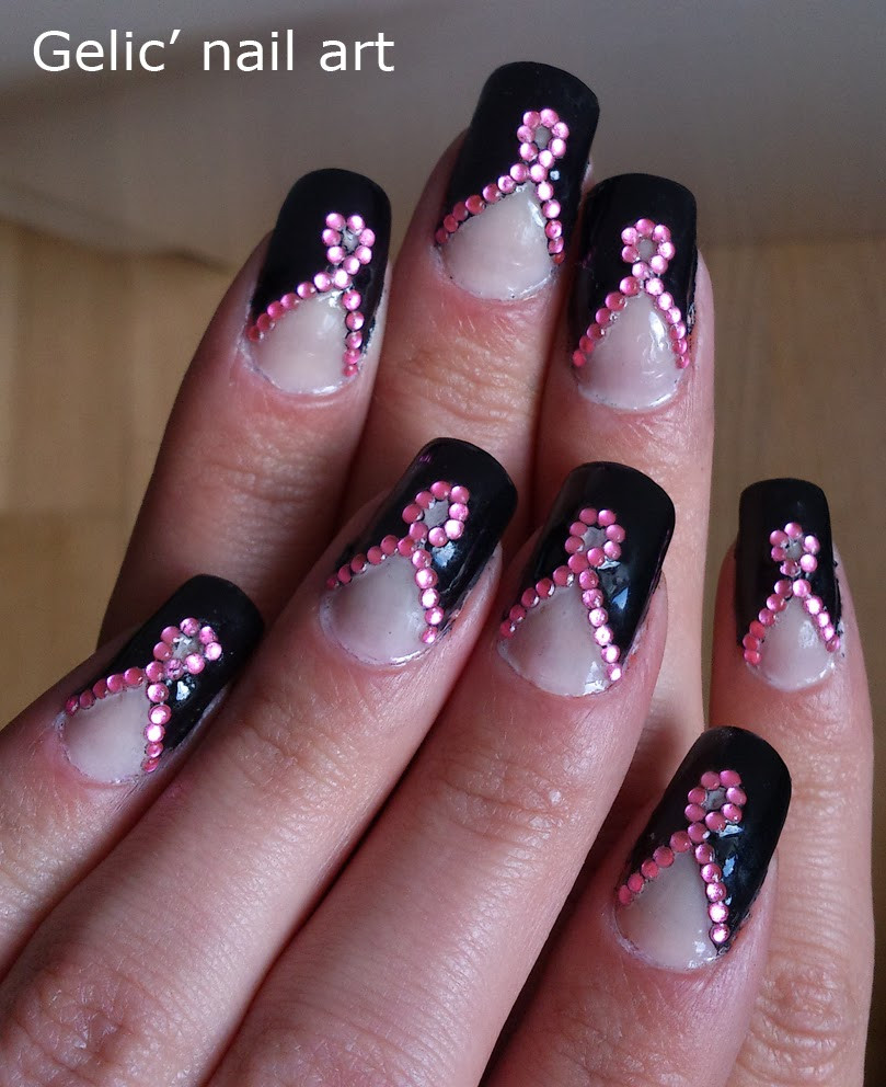 Pink Nail Designs With Rhinestones
 Gelic nail art Pink ribbon rhinestone nail art