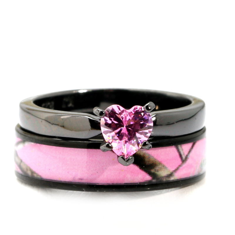 Pink Wedding Ring Set
 Black Plated Pink Heart CZ CAMO WEDDING RINGS Bridal