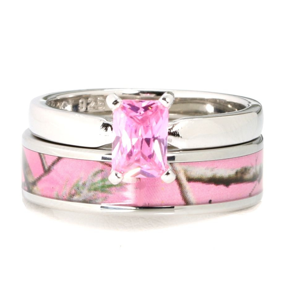 Pink Wedding Ring Set
 Pink Camo Stainless Steel Band 925 Sterling Silver