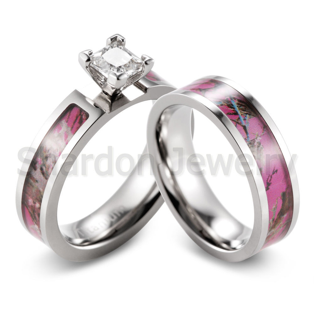 Pink Wedding Ring Set
 Pink Muddy Tree Camo Ring CZ Prong setting engagement