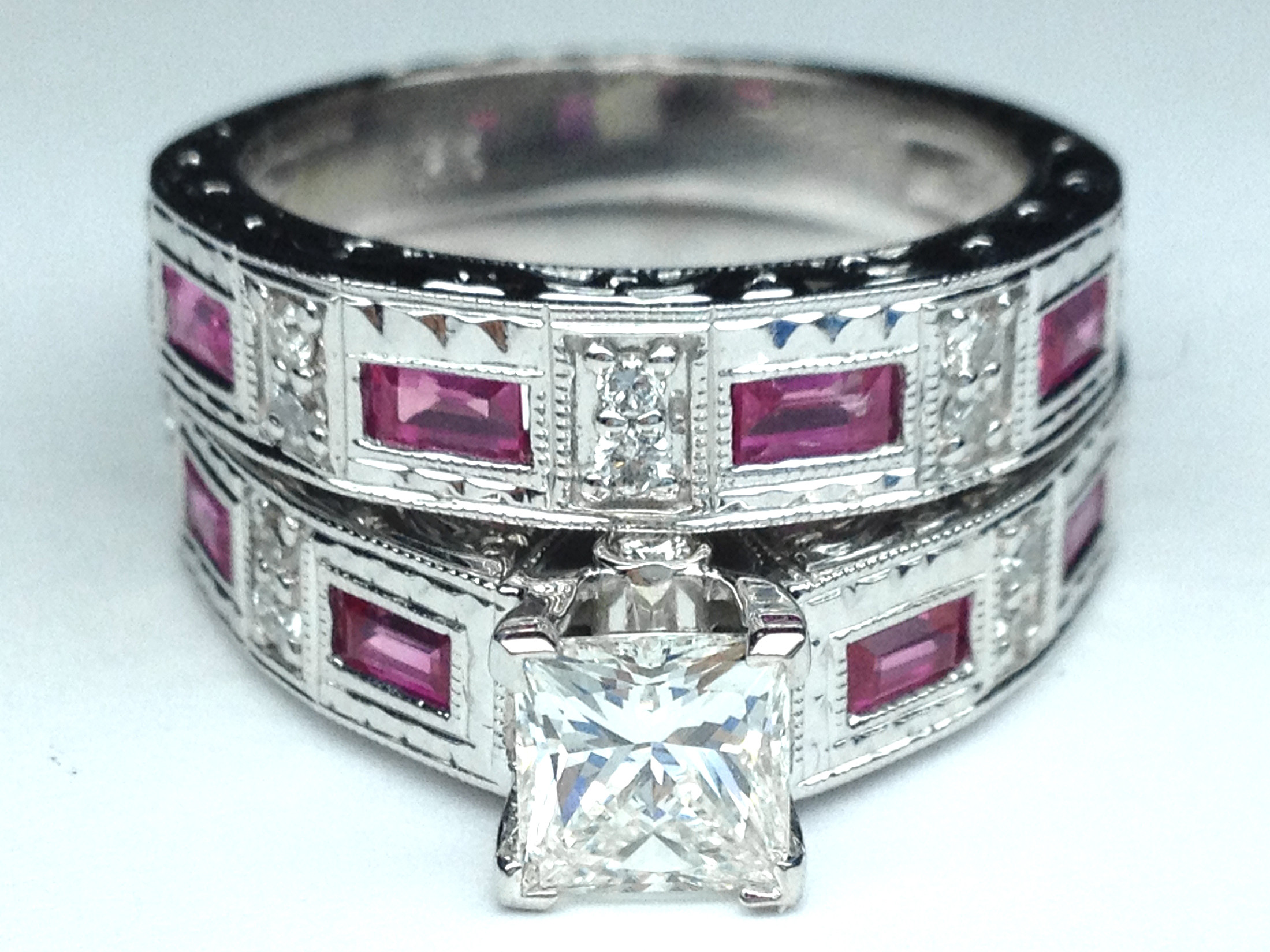 Pink Wedding Ring Set
 Engagement Ring Princess Diamond Vintage Engraved Bridal