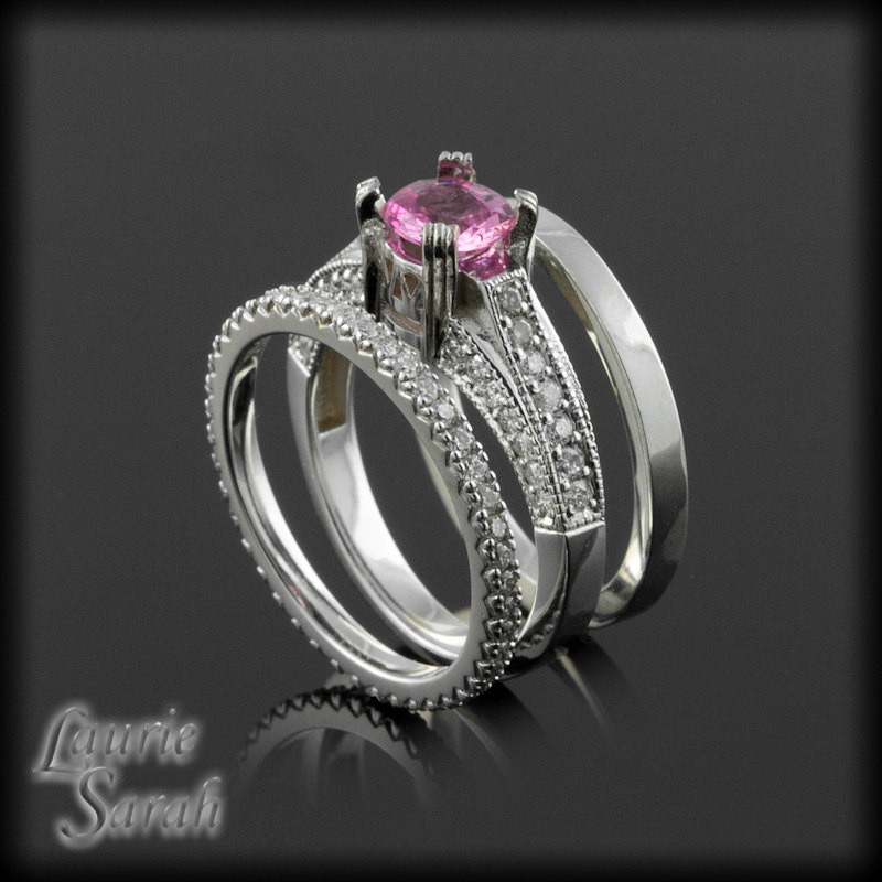 Pink Wedding Ring Set
 Pink Sapphire and Diamond Wedding Ring Set with Diamond