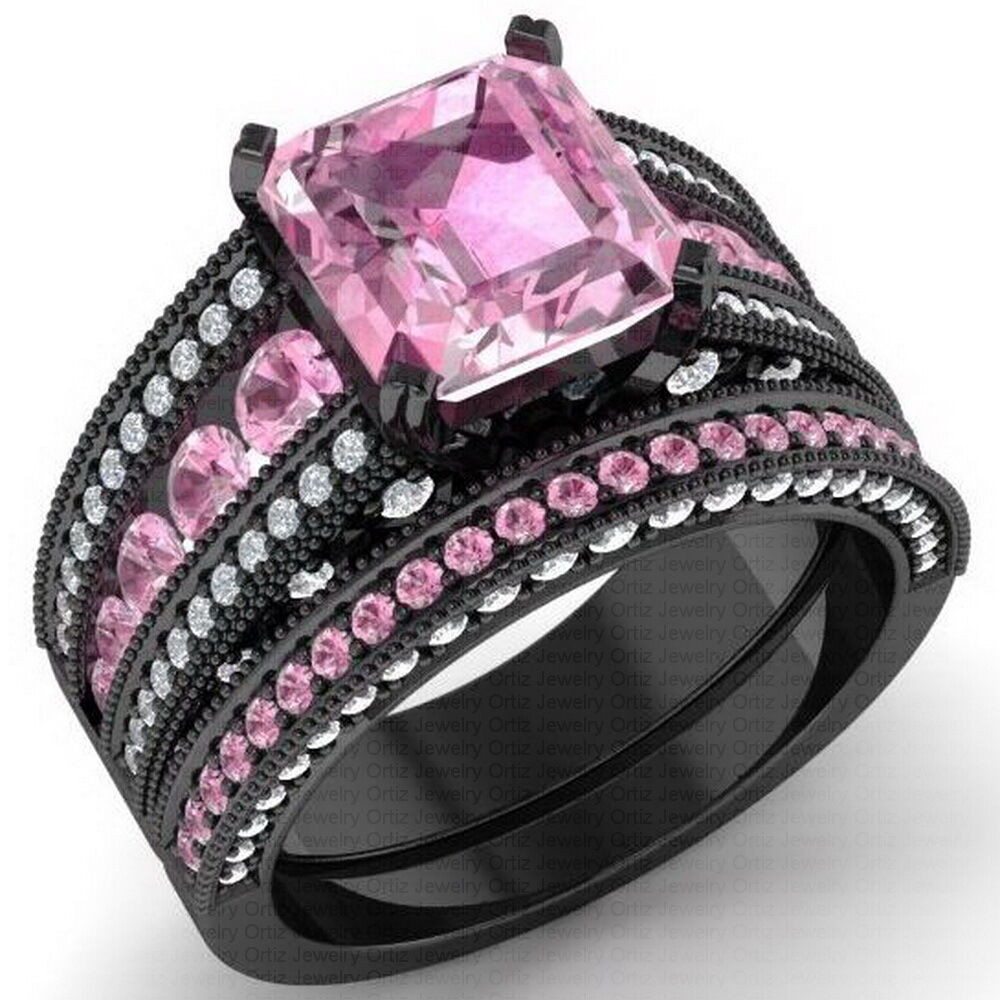 Pink Wedding Ring Set
 925 Black Sterling Silver CZ Moissanite Pink Radiant