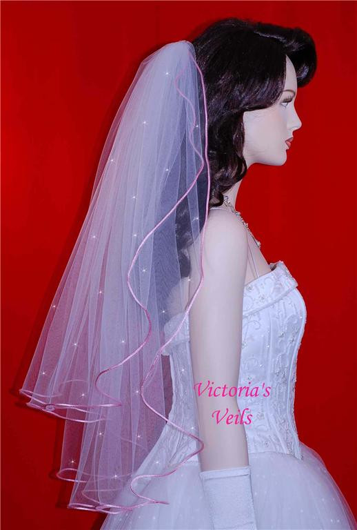 Pink Wedding Veils
 2 TIER PINK TRIM SWAROVSKI CRYSTAL WEDDING BRIDAL VEIL 25
