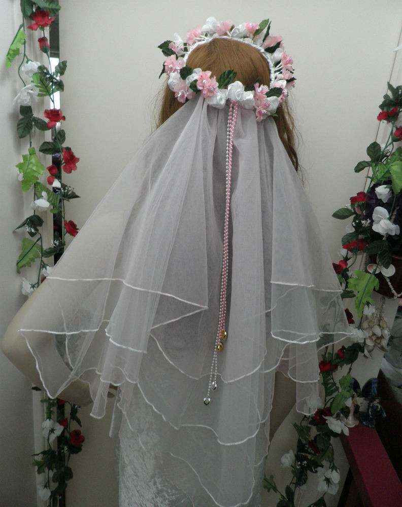 Pink Wedding Veils
 Fairytale Bridal Veil 2 Layer Pink & White Flower Halo