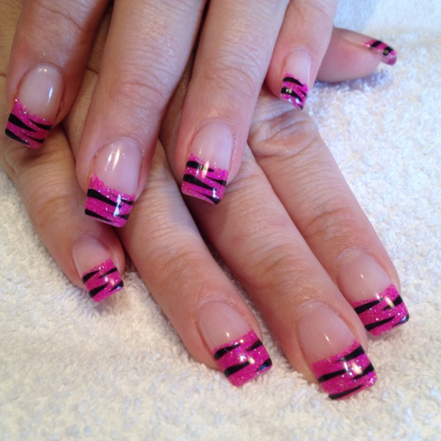 Pink Zebra Nail Designs
 Pink glitter & zebra gel nails
