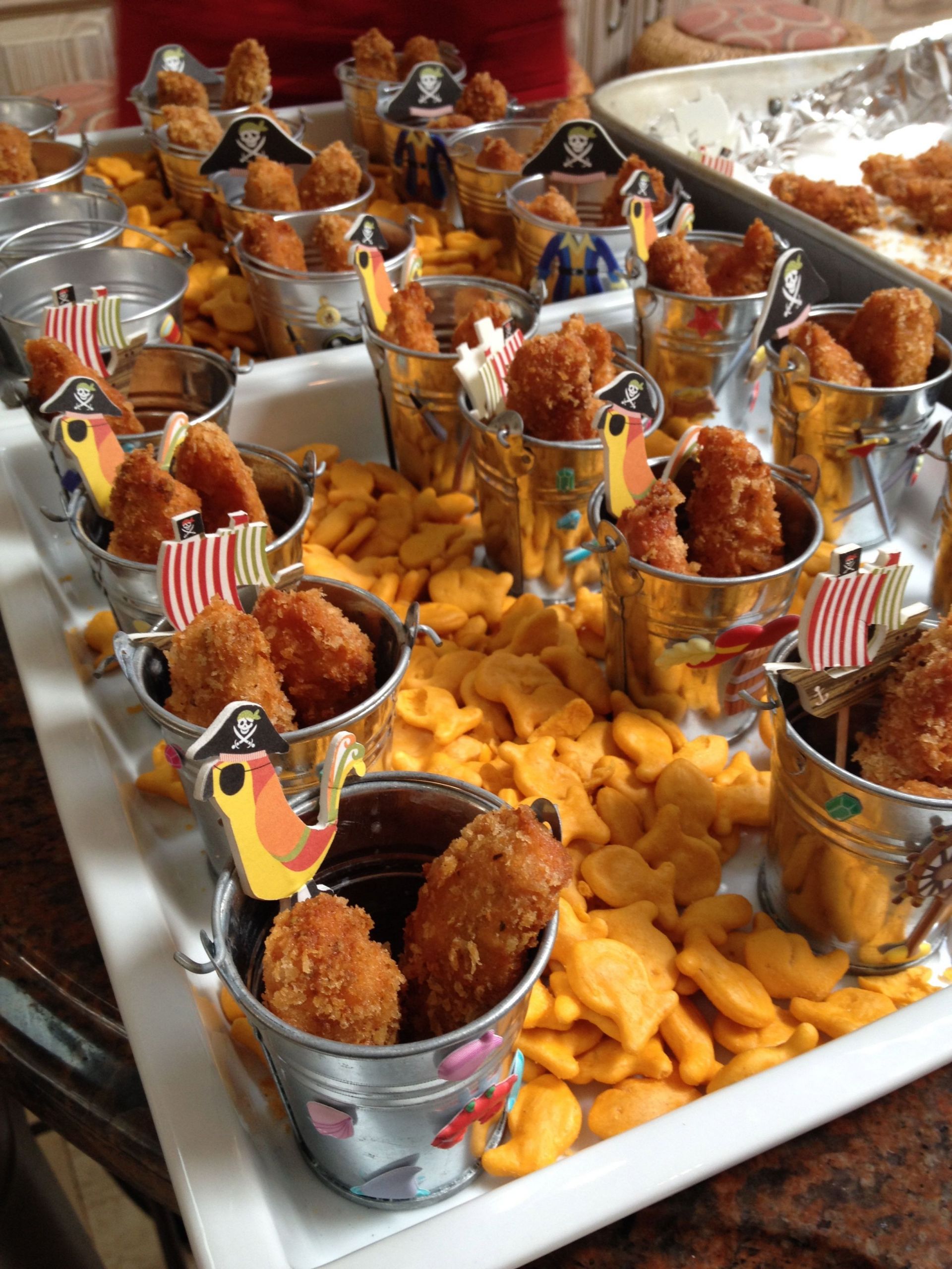 Pirate Party Finger Food Ideas
 Pirate party food…icken nug s in little pails on a