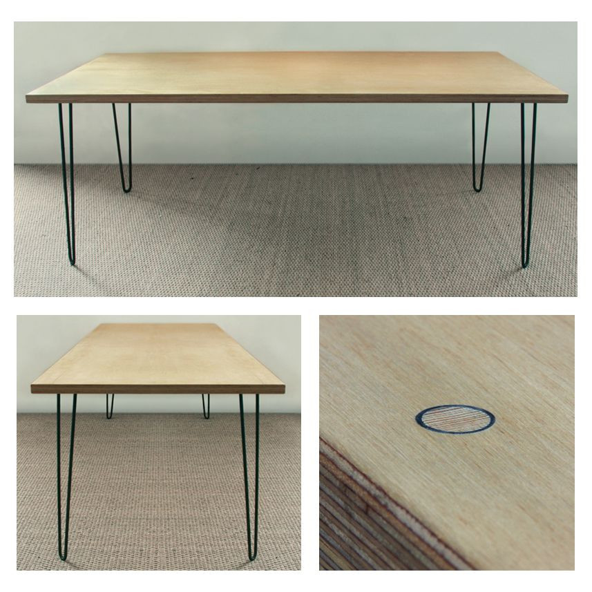 Plywood Table Top DIY
 Birch faced plywood table top and mild steel hairpin legs