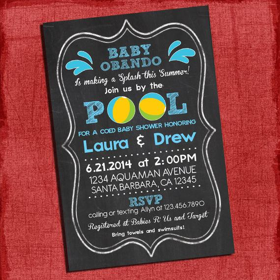 Pool Party Baby Shower Invitations
 Printable Pool Party Coed Baby Shower Chalkboard Style 4x6 or