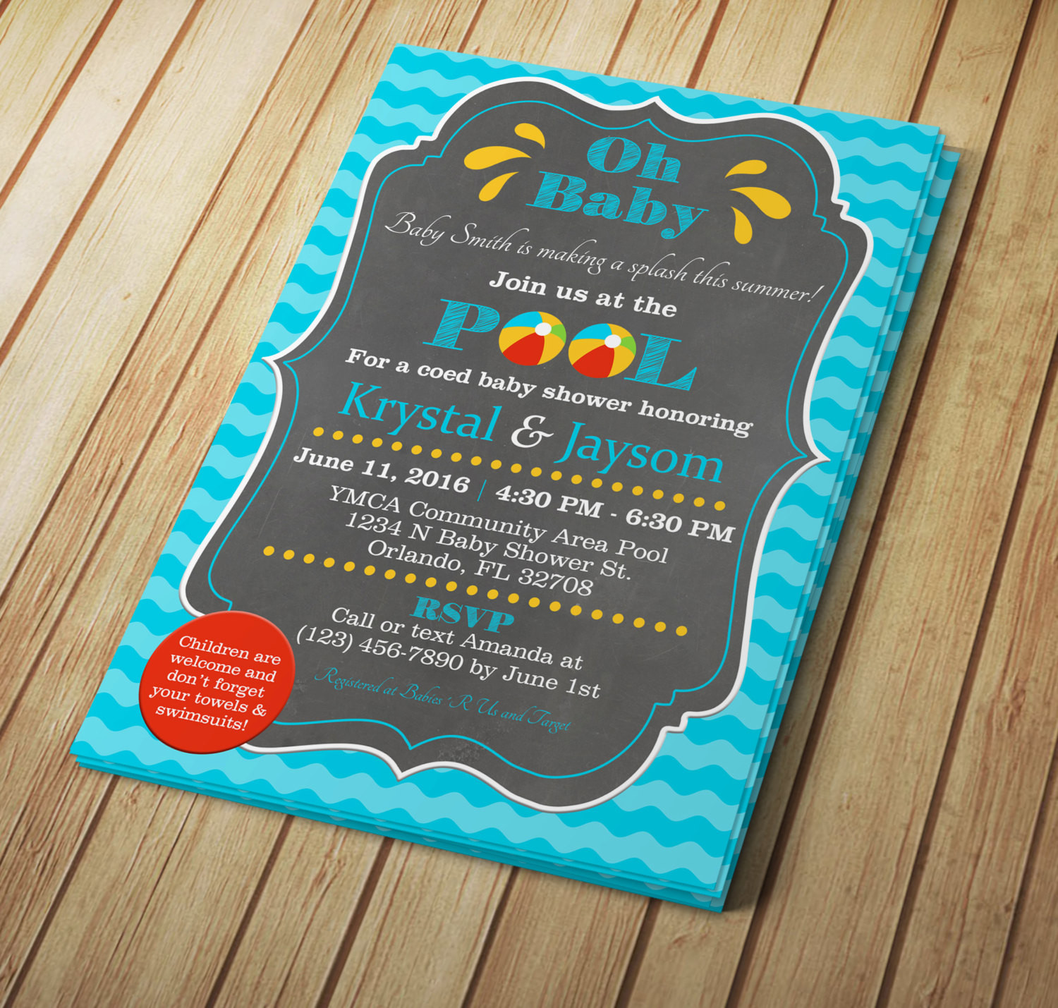 Pool Party Baby Shower Invitations
 5x7 Pool Party Baby Shower Editable Invitation Template