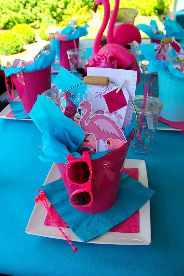 Pool Party Gift Bag Ideas
 Check out the cool party favors at this flamingo themed