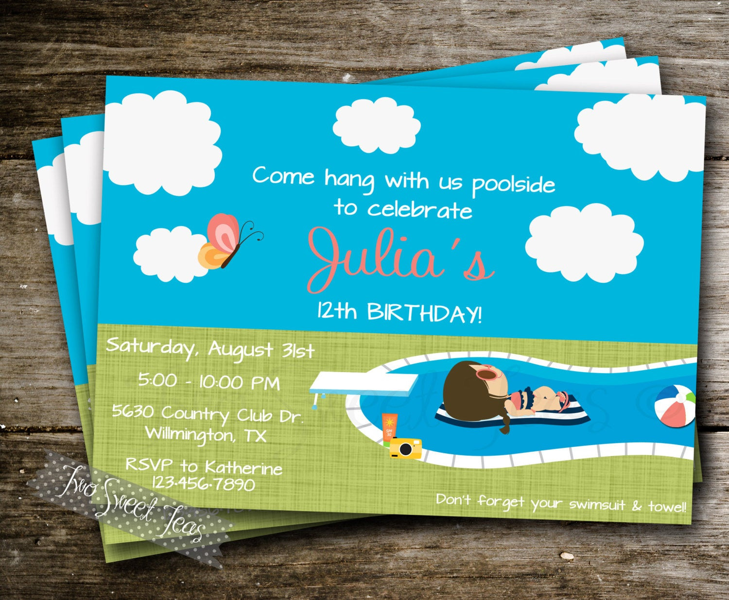 Pool Party Ideas For Tweens
 Pool Party Invitation Teen Tween Swimsuit Water by 2SweetTeas