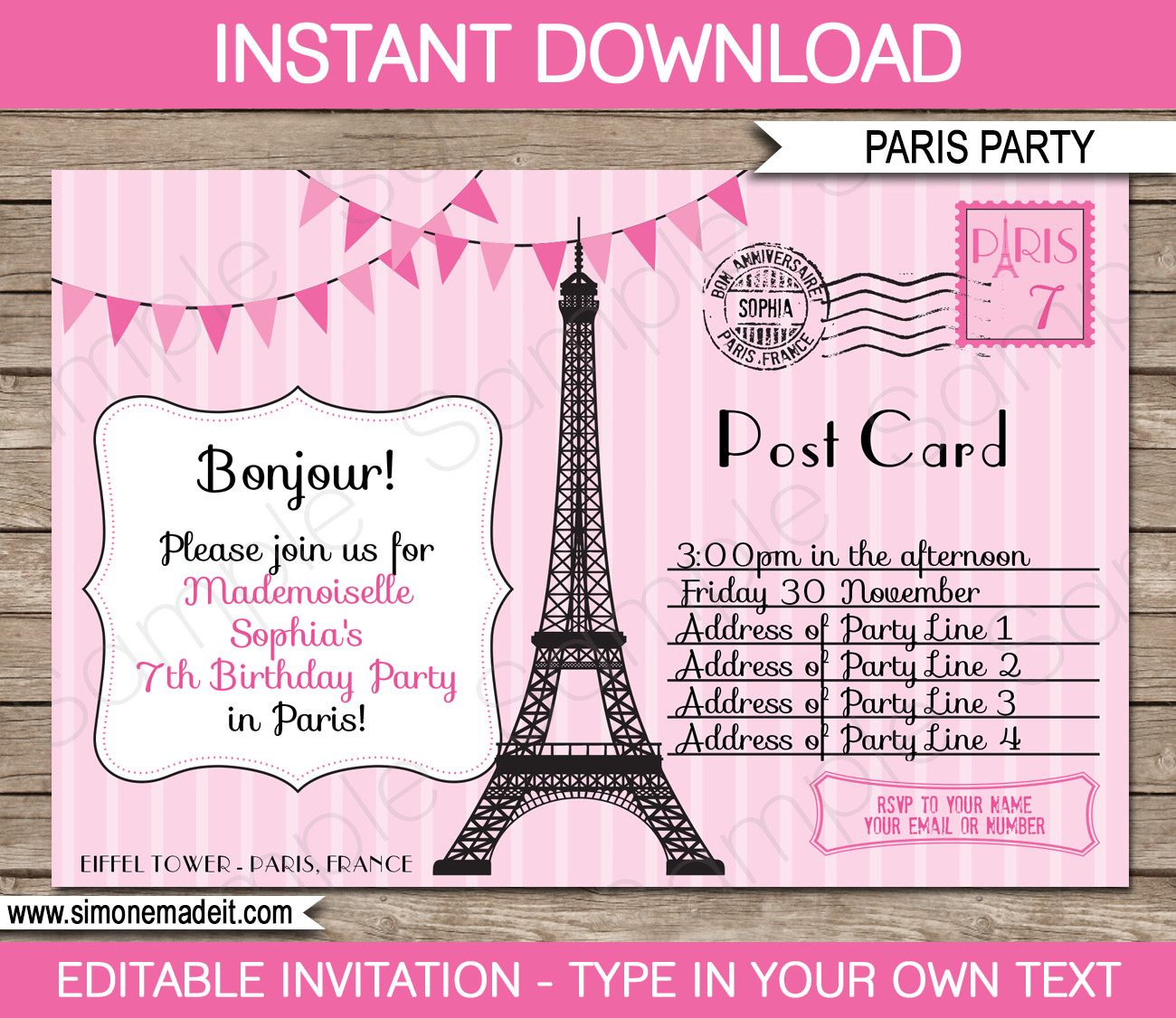 Postcard Birthday Invitations
 Paris Party Invitations Template