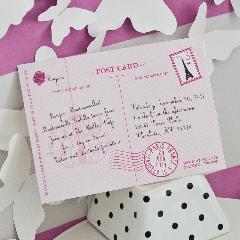 Postcard Birthday Invitations
 Glamorous Paris Postcard Parisian Party Invitation